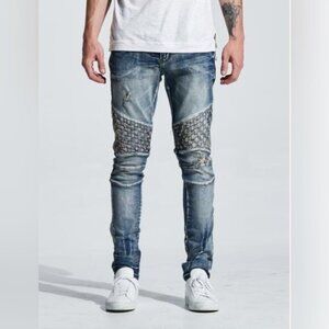 EMBELLISH Turkish Biker Denim Blue Wash Jeans Distressed Basket Weave Sz 38X34